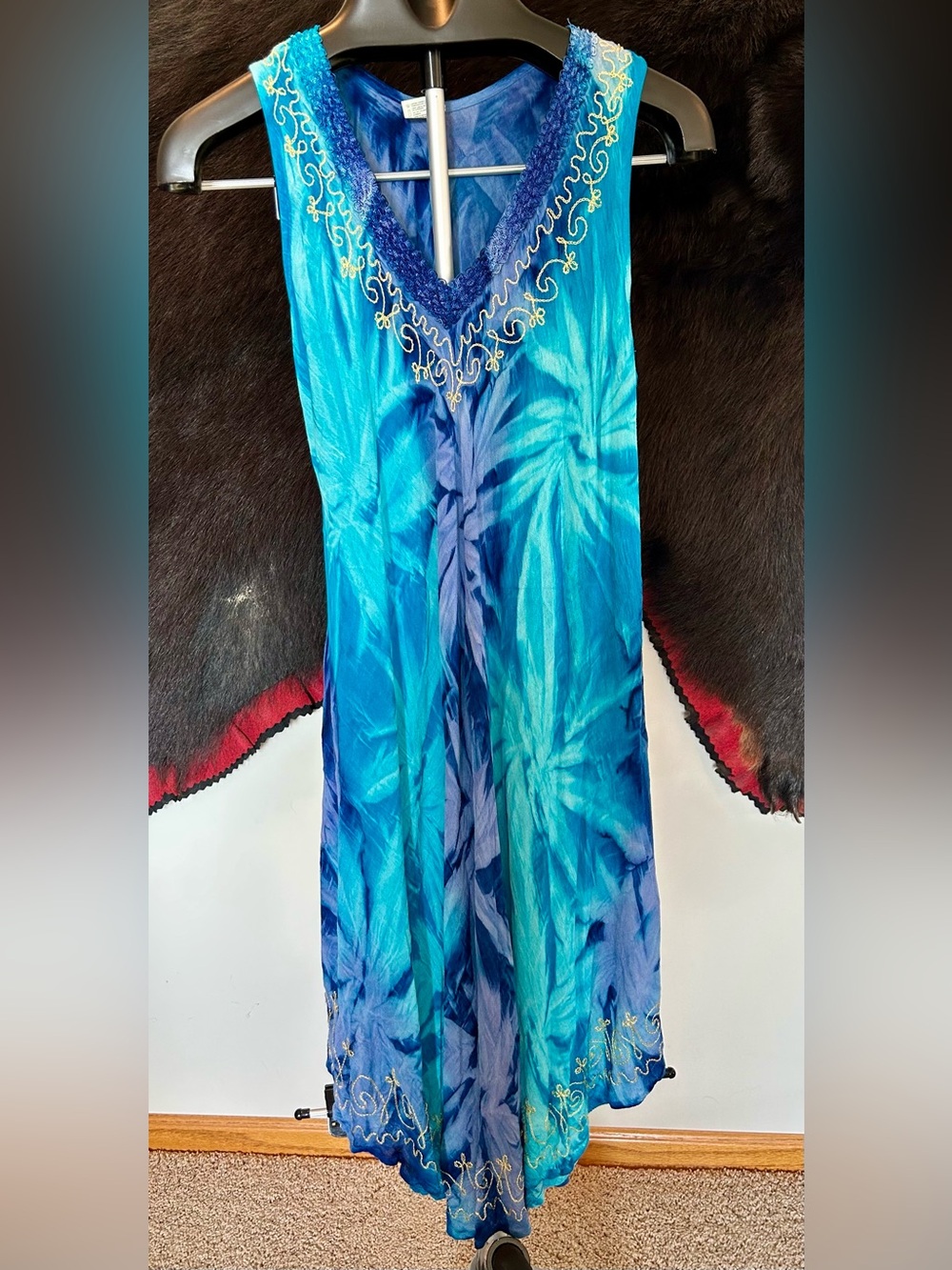 Asha Blue Tie-Dye Dress with Embroidered V-Neck and Hem